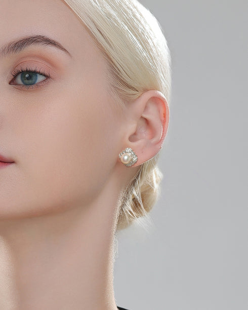 7-8mm White Akoya Pearl Square Stud Earrings